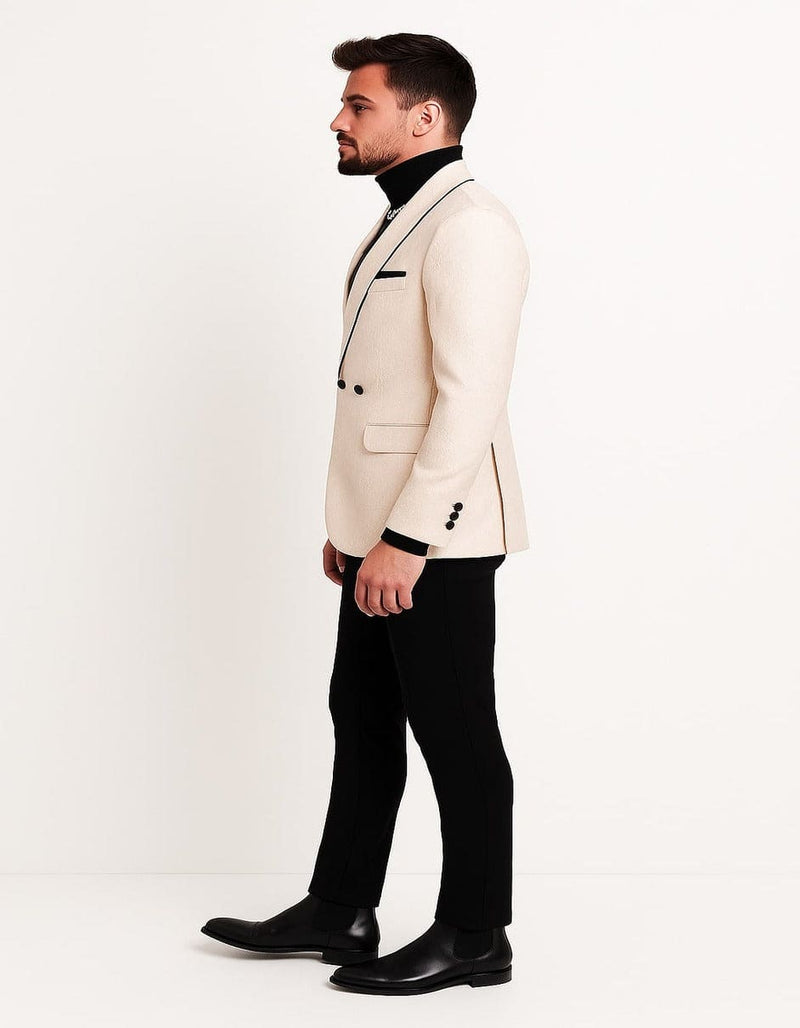Mens Cream Jacquard Double-Breasted Tuxedo with Black Trim Formal Blazer for Weddings & Events Ivory Color