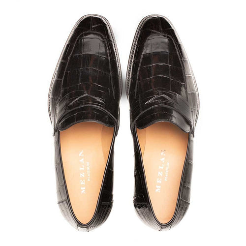 Men’s Black Piccolo Genuine American Alligator Penny Loafers by Mezlan – Luxury Exotic Handmade Loafers from Spain