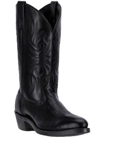 Laredo Men's Paris Western Boot: Black leather, tall silhouette with stitched shaft design. Stacked heel, smooth toe, dual pull tabs for easy wear.