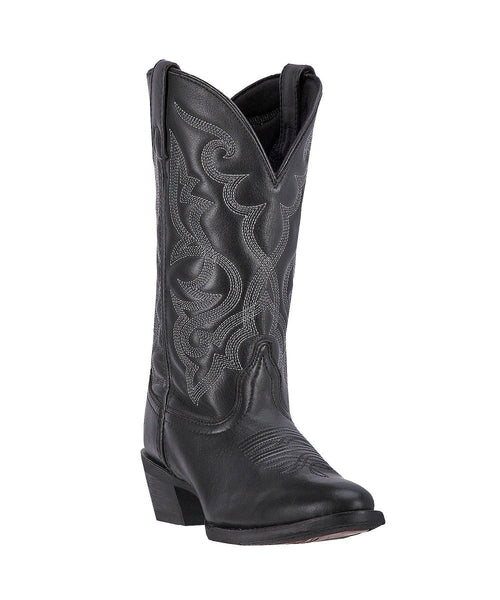 Laredo Maddie women's boot: Black leather, pointed toe, intricate stitching, mid-calf height, V-shaped opening, and a slightly raised heel. Stylish and sleek design.
