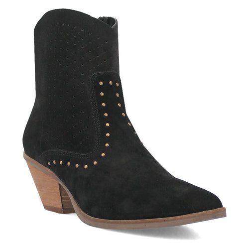 Dingo Miss Priss ankle boot. Black suede leather, snip toe, mid-height shaft. Gold stud detail, block heel, zipper closure.