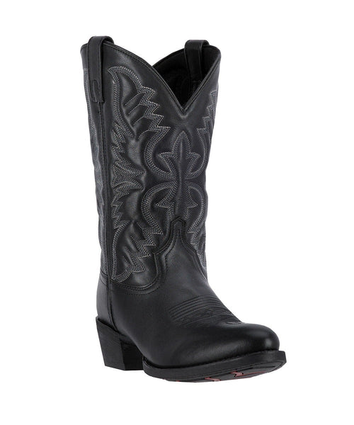 Laredo men's boot in black leather with floral gray stitching. Features a pointed toe, stacked heel, and scalloped top edge with pull tabs. Structured outsole.