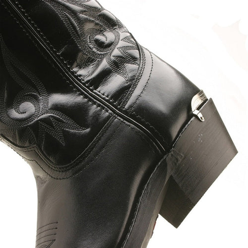 Laredo Black Crazy Horse boots: Tall, black leather with pointed toe, moderate heel. Smooth finish, detailed stitching, embossed patterns. Side zip closure, contrasting wooden heel base.