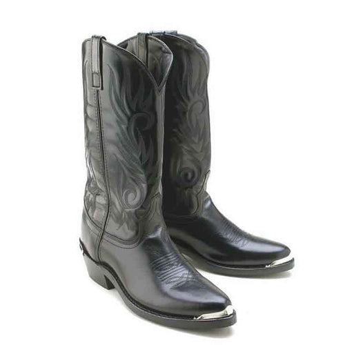 Black Laredo boots: tall, pointed toe, Crazy Horse leather with shiny finish. Decorative stitching, rounded heel, silver toe rand. Side pull tabs.