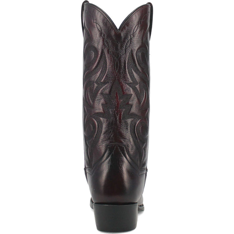 Dan Post Men's Milwaukee Cowboy Boot: 13" tall, round toe. Cherry black textured leather with embossed pattern. Stacked heel. Features a narrow shaft and pointed top.