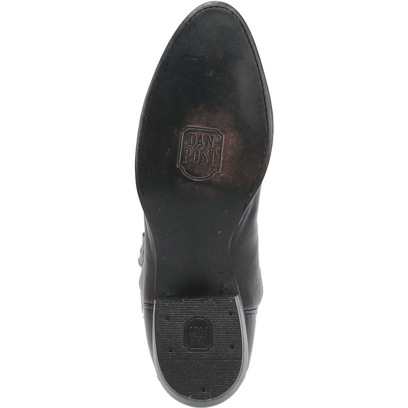 Dan Post Men's Milwaukee Cowboy Boot. Cherry black leather, round toe. Solid black leather sole with patterned tread for grip. Embossed logo on sole.