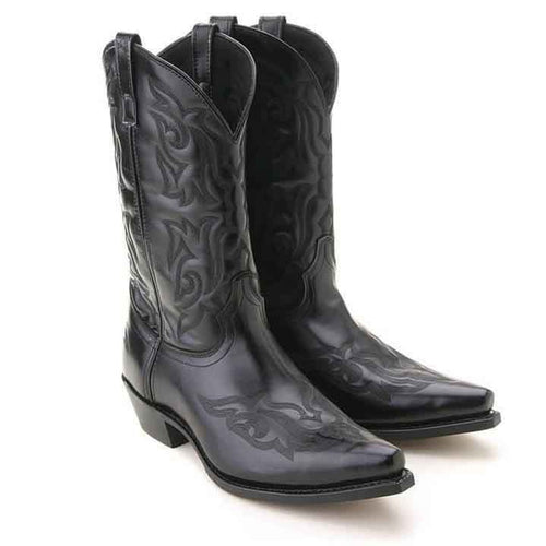 Laredo Hawke Black Western Boots: Black leather, pointed toe, stacked heel. Decorative stitching on shaft and toe. Pull tabs for easy wear.