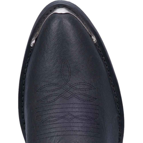 Laredo East Bound black leather boots with pointed toe & metal tip. Textured details & decorative stitching. Deep black with smooth, glossy finish.