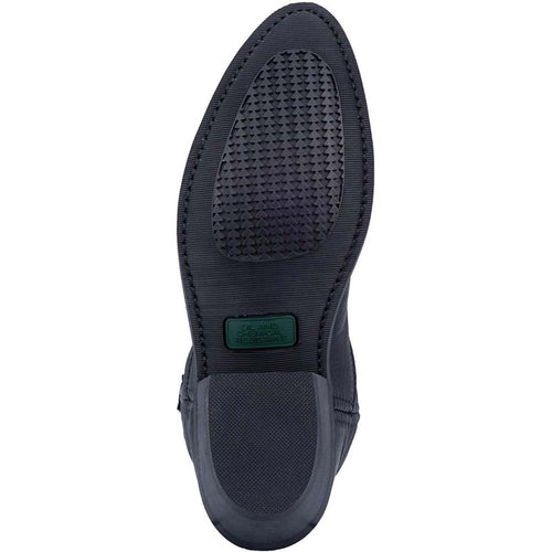 Laredo East Bound black leather boots with textured rubber sole for traction. Slightly raised heel with rounded edge. Provides good grip.