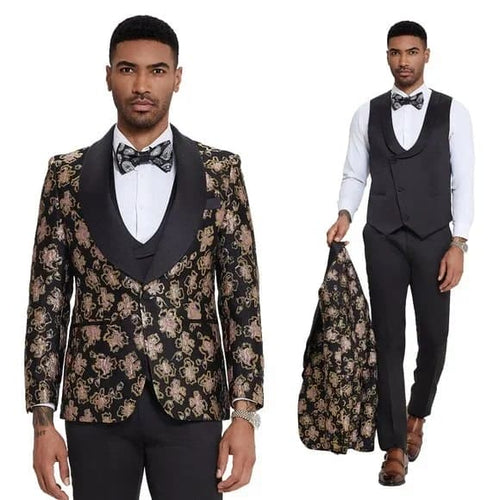 Black & Pink Shiny Floral Mens 3pc Suit by Tazzio