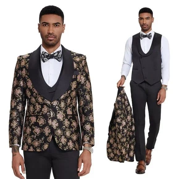 Black & Pink Shiny Floral Mens 3pc Suit by Tazzio