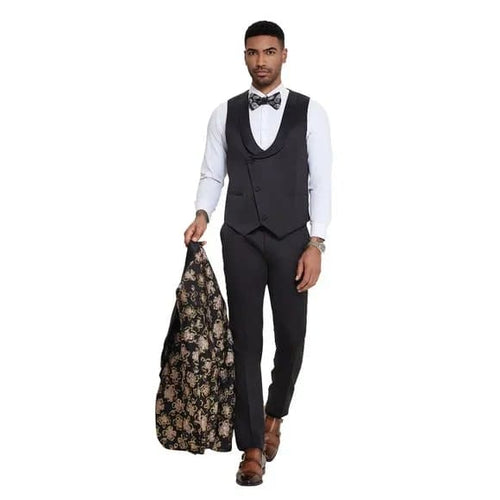 Black & Pink Shiny Floral Mens 3pc Suit by Tazzio