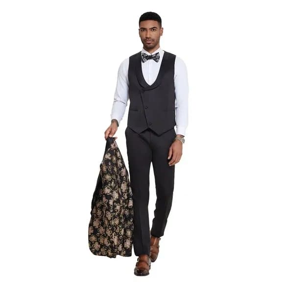 Black & Pink Shiny Floral Mens 3pc Suit by Tazzio