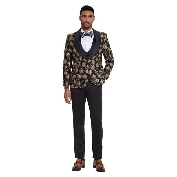 Black & Pink Shiny Floral Mens 3pc Suit by Tazzio