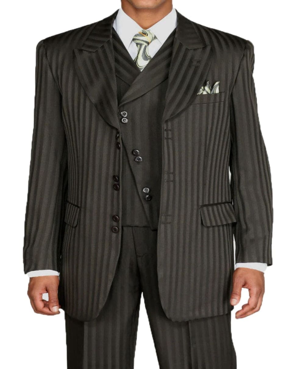 Designer Affordable Inexpensive Men's Classic Wool Pinstripe Black Suit Flat Front Pant