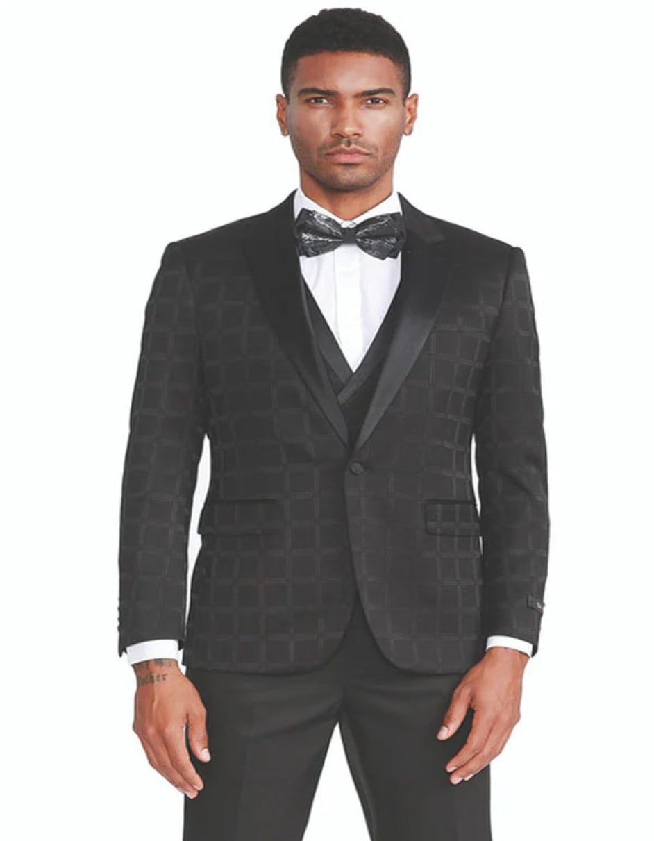 Black Plaid Men's Tuxedo with One Button Peak Lapel & Double Breasted Vest