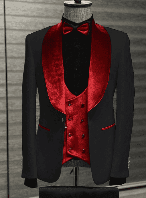 Black and Red Velvet Lapel Tuxedo - Red Wedding Tuxedo - Two Toned