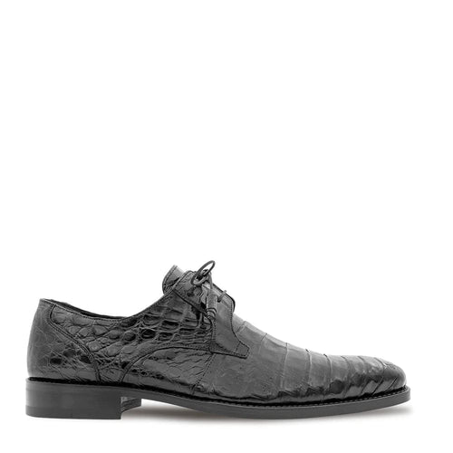Mezlan Anderson men's black crocodile lace-up. Sleek, formal design with pointed toe & low heel. Features textured crocodile leather upper, traditional lace closure & subtle stitching. Thin, flat sole.