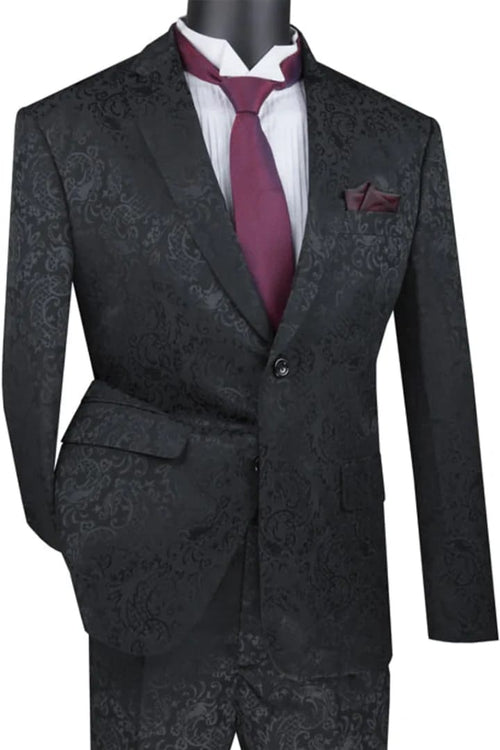 Mens Slim Fit Shiny Paisley Prom and Black Wedding Suit