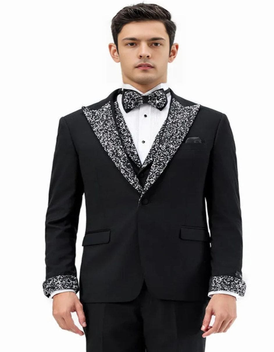 Mens One Button Rhinestone Peak Lapel Vested Prom Black Tuxedo