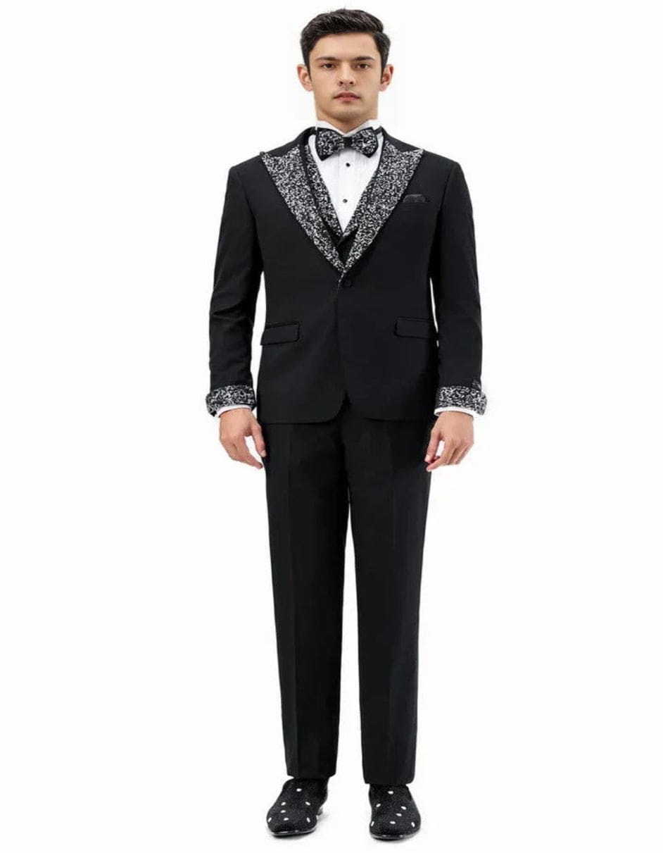 Mens One Button Rhinestone Peak Lapel Vested Prom Black Tuxedo