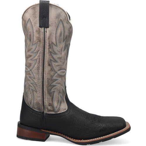 Laredo Isaac leather boots with square toe. Black lower, grey upper with leaf design. Smooth shaft, visible stitching, and a slightly elevated heel with wooden finish.