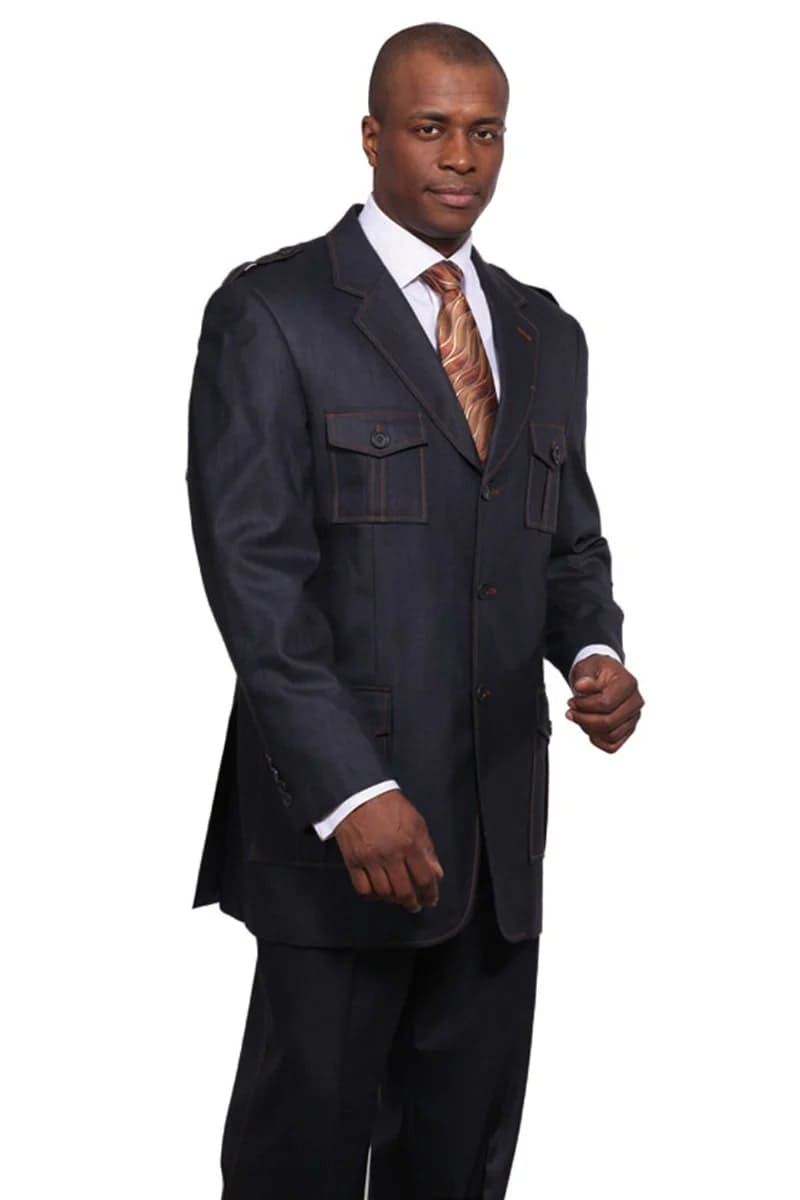 Mens 3 Button French Front Peak Lapel Suit in Black