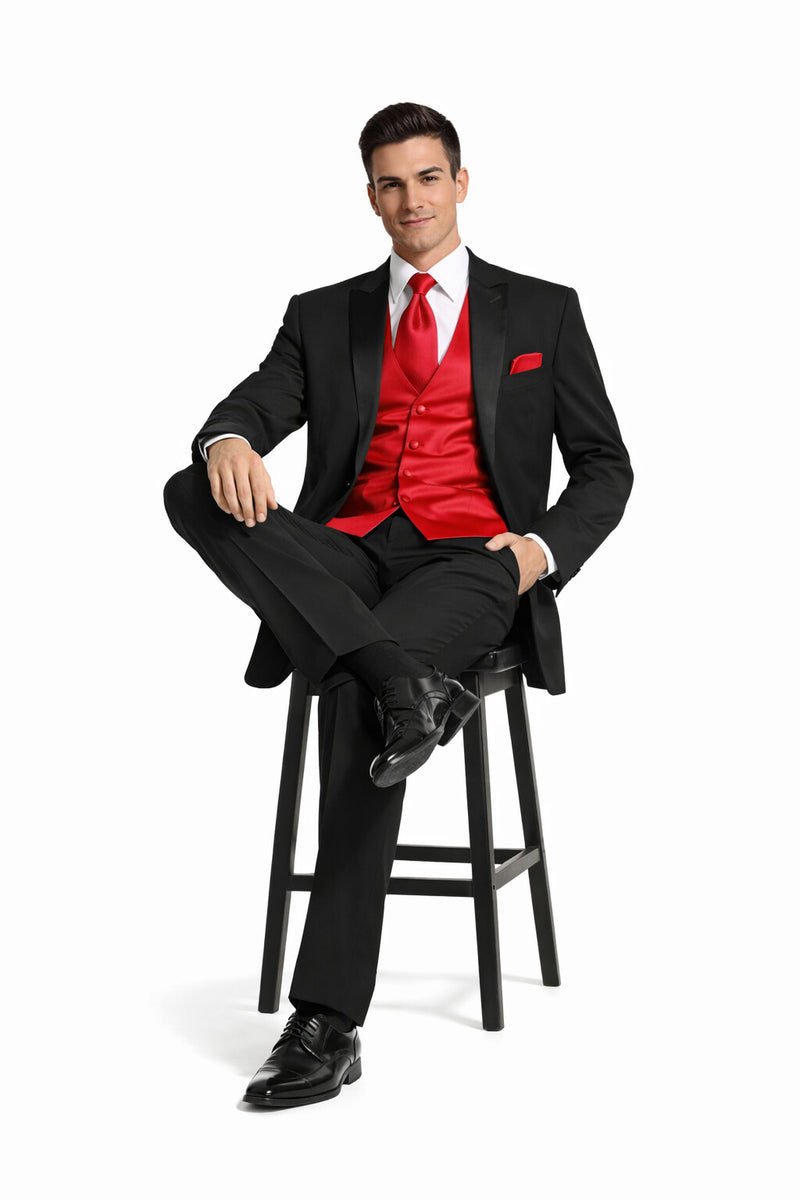 Black Suit With Red Vest and Tie Set