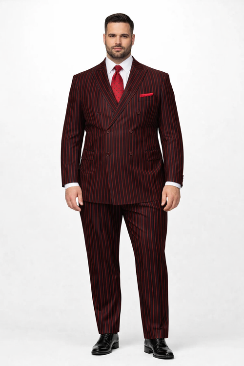 Black and red pinstripe double-breasted suit featuring a structured blazer with two rows of buttons and matching fitted trousers, both with prominent vertical stripes.