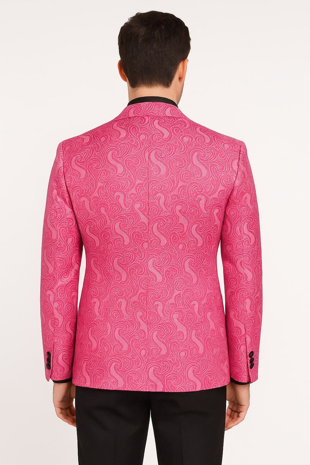 Men’s Hot Pink Tuxedo Suit With Black Pants Paisley Patter with Black Shawl Lapel - Fuchsia Color Prom Suit