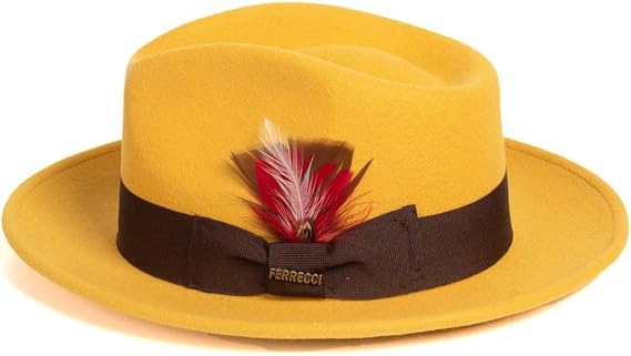Gangster 100% Australian Wool Crushable Mens Fedora Hat - Removable Feather Gangster Mustard Mens Fedora Hat