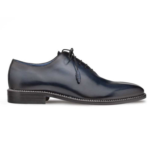 Mezlan Enterprise dress shoes in blue calfskin. Features: sleek, rounded toe, smooth finish, lace-up closure, contrasting welt, slightly raised heel. Streamlined & elegant, suitable for formal wear.