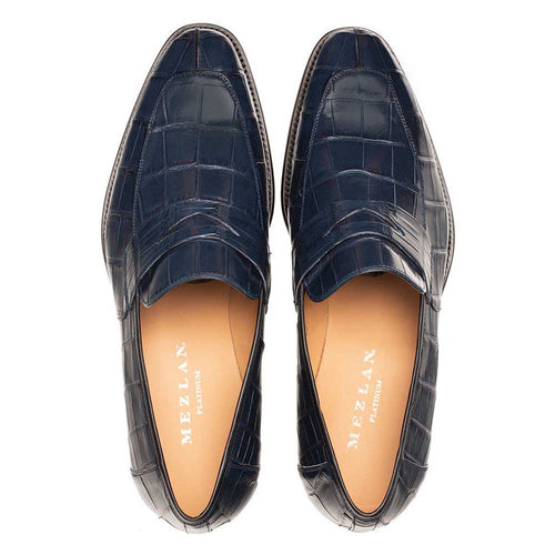 Men’s Blue Piccolo Genuine American Alligator Penny Loafers by Mezlan – Luxury Exotic Handmade Loafers from Spain