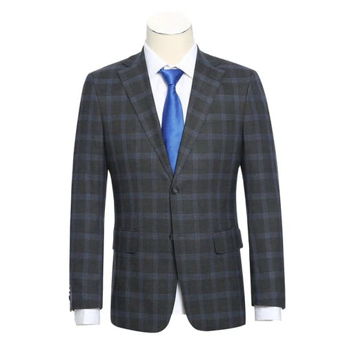 Stretch performance Single Breasted Slim Fit Charcoal and Blue Plaid Suit