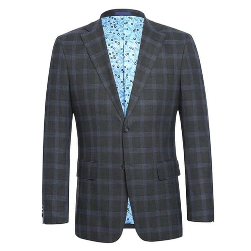 Stretch performance Single Breasted Slim Fit Charcoal and Blue Plaid Suit