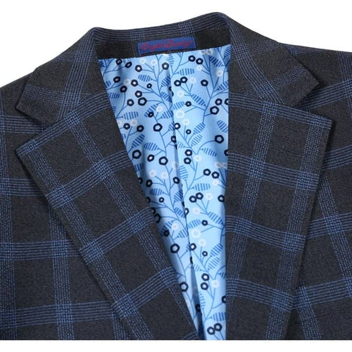 Stretch performance Single Breasted Slim Fit Charcoal and Blue Plaid Suit