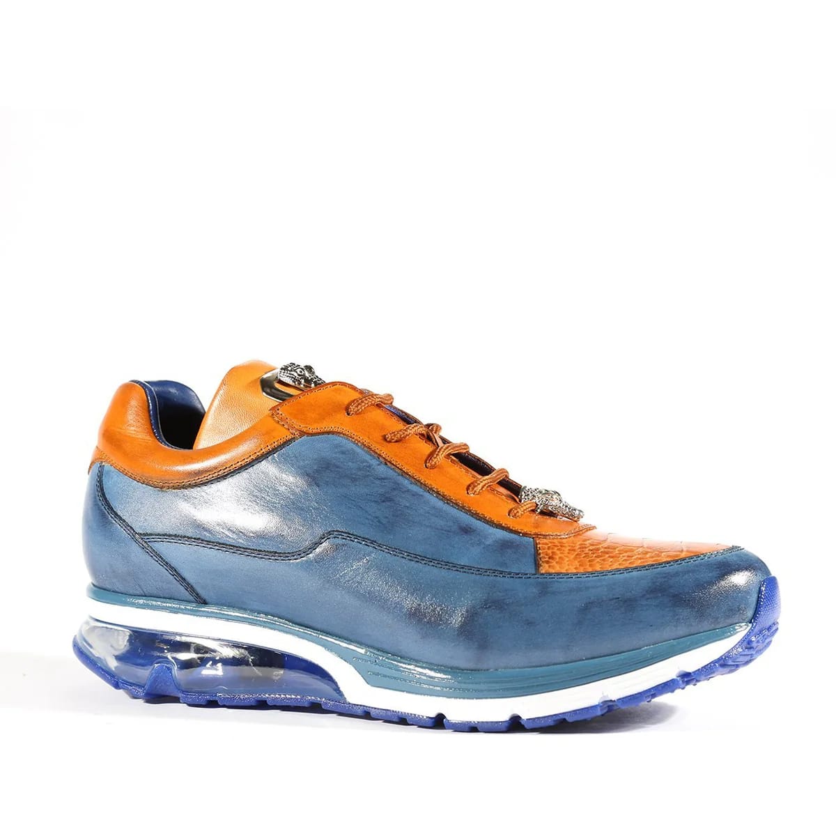 Belvedere Flash Men's Shoes Blue Safari & Almond Exotic Ostrich / Calf-skin Leather Casual Sneakers