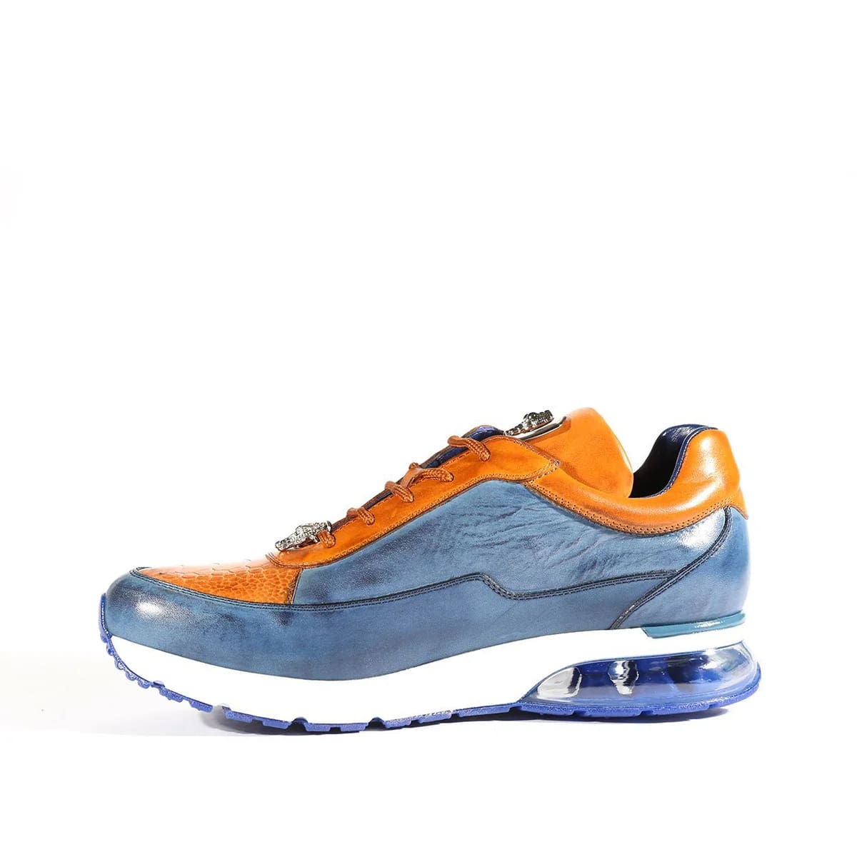 Belvedere Flash Men's Shoes Blue Safari & Almond Exotic Ostrich / Calf-skin Leather Casual Sneakers