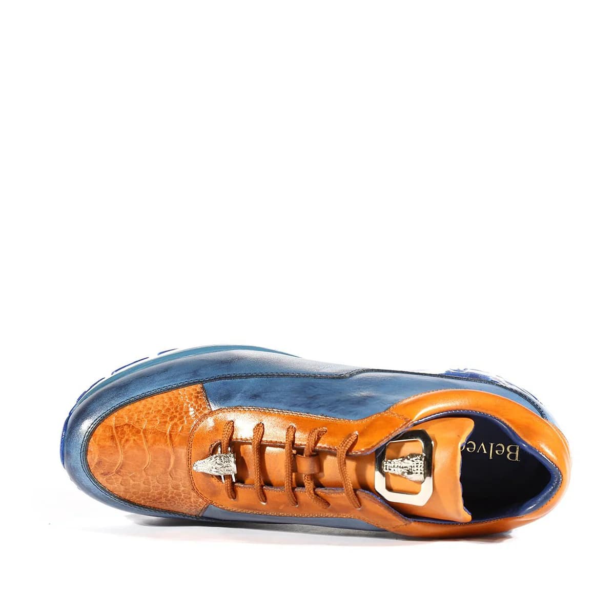 Belvedere Flash Men's Shoes Blue Safari & Almond Exotic Ostrich / Calf-skin Leather Casual Sneakers