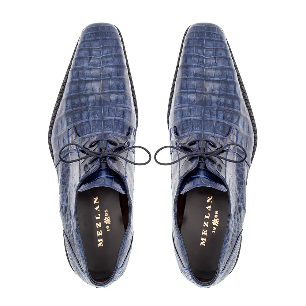 Mezlan Anderson Men's Exotic Crocodile Lace-Up – Blucher Style in Grey, Burgundy, Black, Blue, Dark Brown