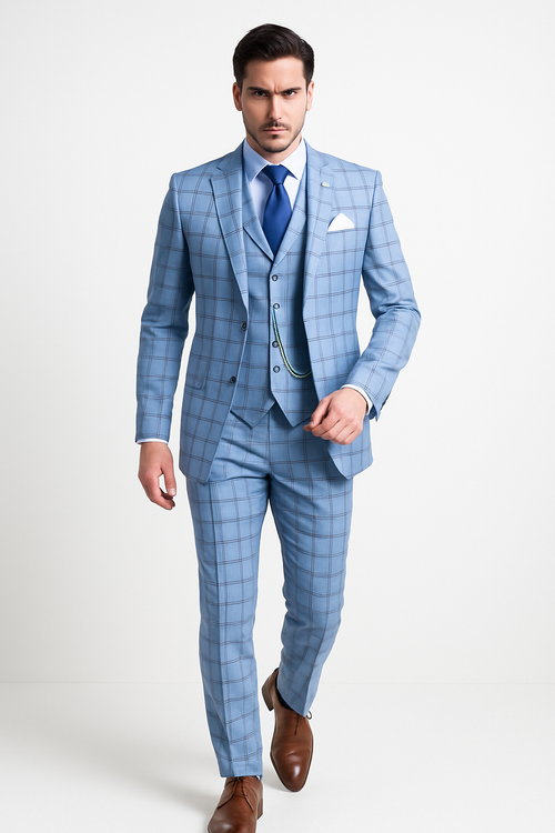 Lazio Collection - Modern Fit Windowpane Suit 3 Piece in Light Blue