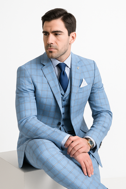 Lazio Collection - Modern Fit Windowpane Suit 3 Piece in Light Blue