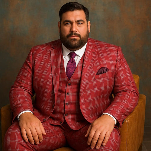 Men's red plaid three-piece suit. Bold checkered pattern with deep red, white, and black accents. Includes vest and matching pants. Smooth, tailored fabric with a structured fit.