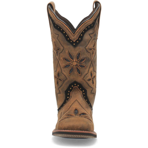 Laredo Bouquet Honey Leather boots. Tall, honey-colored leather with black accents. Square toe, decorative stitching, and floral patterns. Black-lined shaft with pointed top.