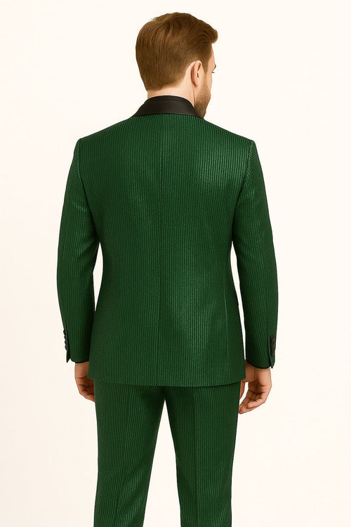 Men's Emerald Green Shiny Tuxedo with Black Satin Lapel and Matching Bow Tie – Ultra Slim Fit