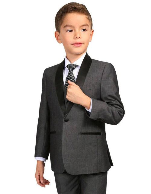 Grey Prom Suit - Gray Wedding Suit - Gray Tuxedo Boys Vested Shawl Collar Wedding Tuxedo in Charcoal Grey