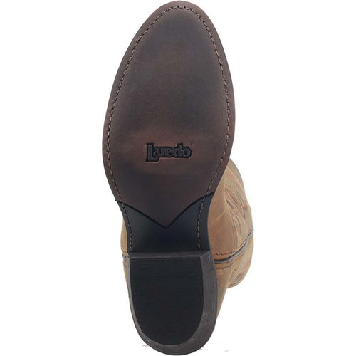 Laredo Bridget Tan distressed leather boots with rounded toe. Brown leather outsole with textured black rubber. Distressed tan leather upper with decorative stitching.