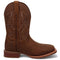 Dan Post Brigston western boots. Brown leather, broad square toe. Intricate shaft stitching. Durable sole, slightly raised heel for stability.