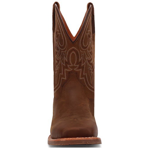 Dan Post Brigston men's western boots. Brown leather, broad square toe, decorative stitching, and tall shaft. Durable sole for stability and a polished look.