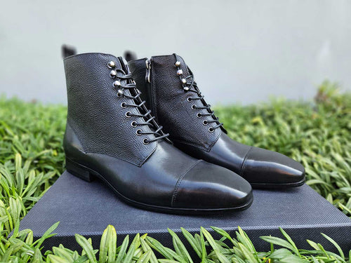 Brogue-Style Cap Toe Leather Boots for Men